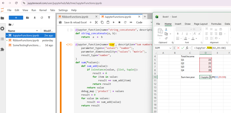 A Python Sum function in JupyterLab alongside the corresponding formula in Excel.