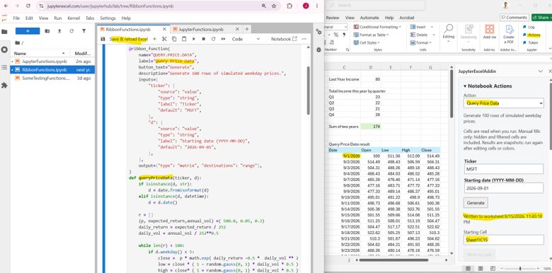 The Query Price Data action in Excel with its Python notebook and generated price table.