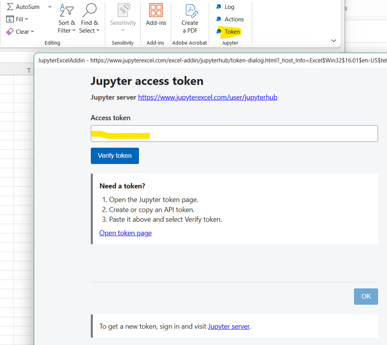 The Jupyter access token dialog in Excel
